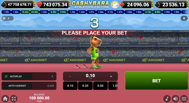 Cashybara Athletics Edition - hoofdscherm van de race met vermenigvuldigingsmeter